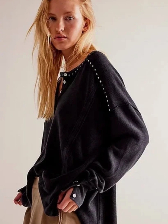 We The Free Tops - Free People We The Free Taylor Henley Top XS Black Studded Long Sleeve Oversized